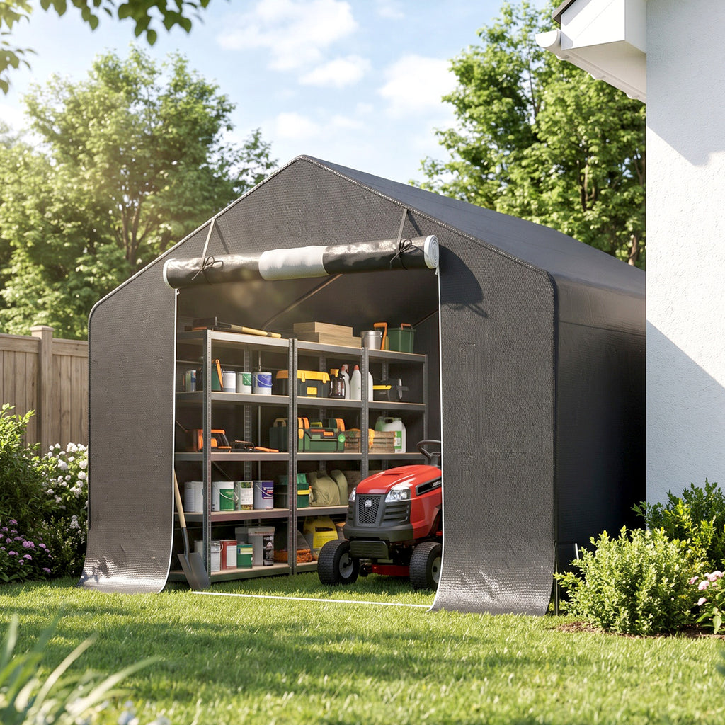 Outsunny 3x3m Waterproof Outdoor Motorcycle Garage Storage Shelter with Door and Roll-Up Vents, for Bikes and Tools, Dark Grey