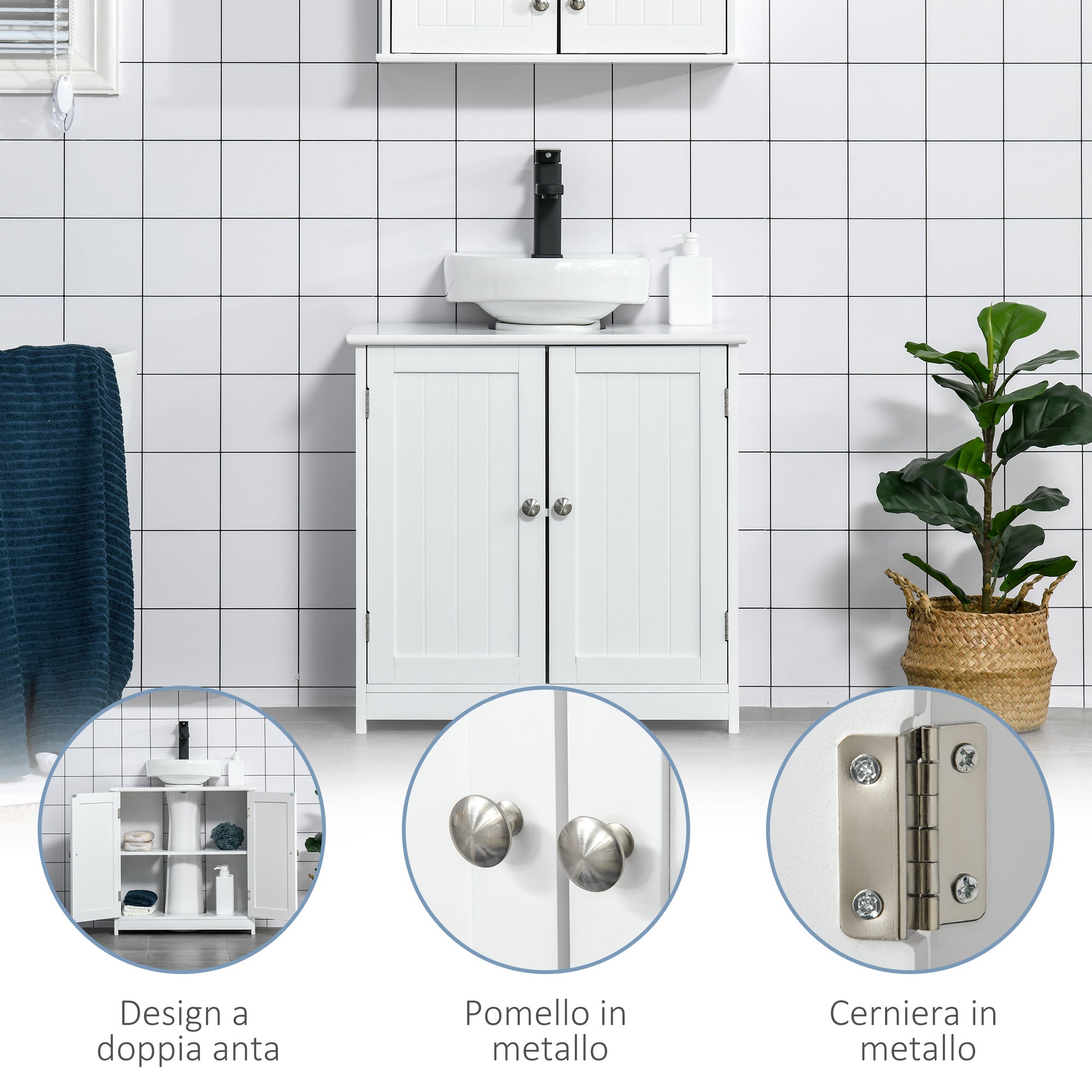 2-Door Vanity Unit with Adjustable Shelf and U-Cut, 60x30x60 cm, White