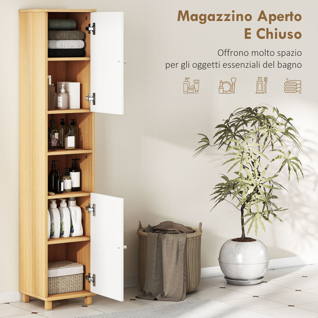 Bathroom Cabinet with 2 Cabinets and Open Shelves, Adjustable Internal Shelves, 30x30x166 cm, White and Wood