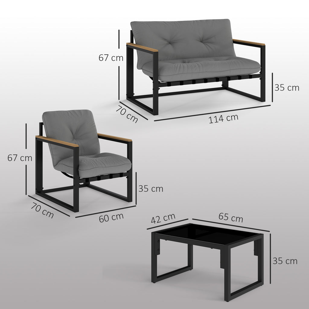 4 Piece Garden Set with 2 Chairs, 2 Seater Sofa and Coffee Table, Steel and Polyester, Light Grey and Black
