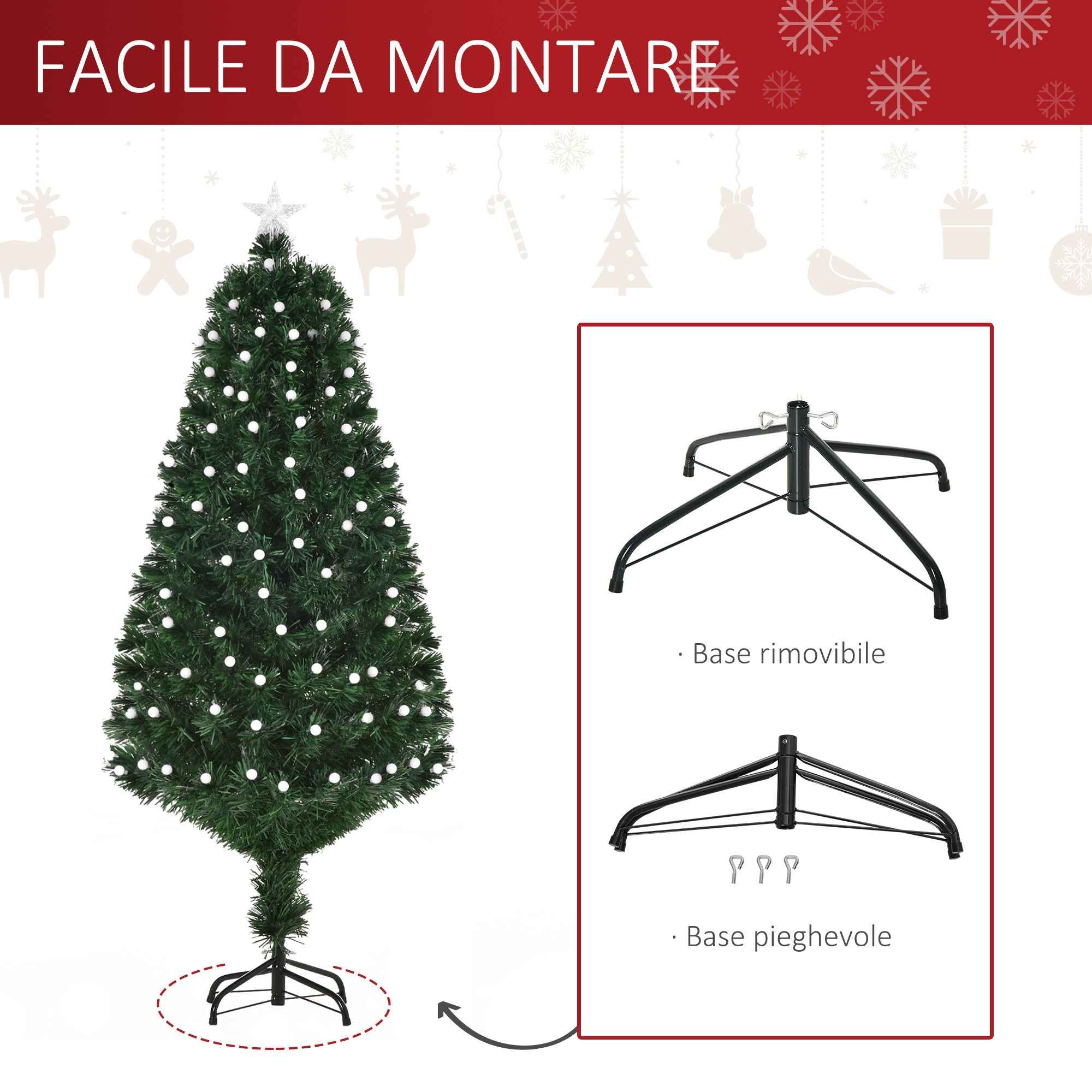 150cm Artificial Christmas Tree with 170 LED Lights and Fiber Optic Lights, Christmas Tree with Built-in Lights and 170 Branches and Foldable Metal Base, Green