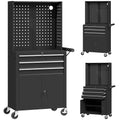 HOMCOM Steel Tool Cart with Worktop, 3 Drawers, Cabinet, Pegboards, Wheels, Black