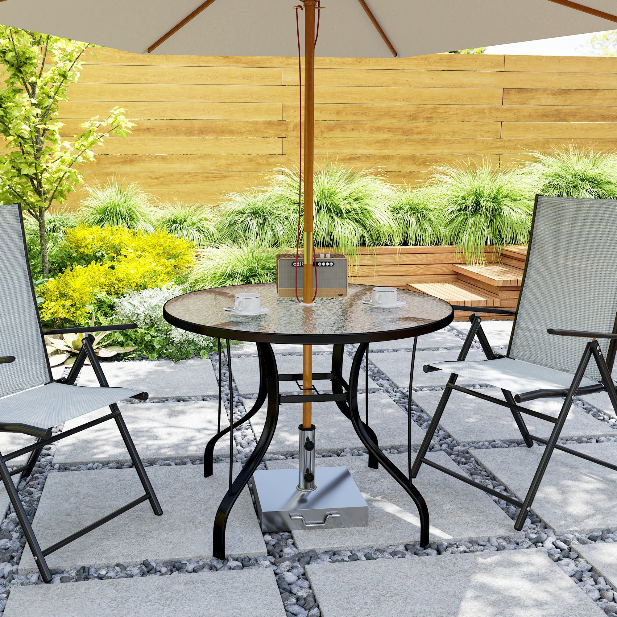 Round Garden Table with Umbrella Hole, in Metal and Tempered Glass, Ø96.5x71 cm, Black