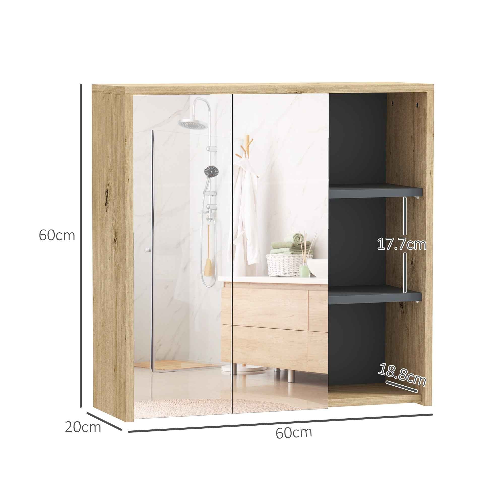 Bathroom Mirror Cabinet with 2 Doors, 60x20x60 cm Bathroom Cabinet with Mirror, Open Compartment, Natural
