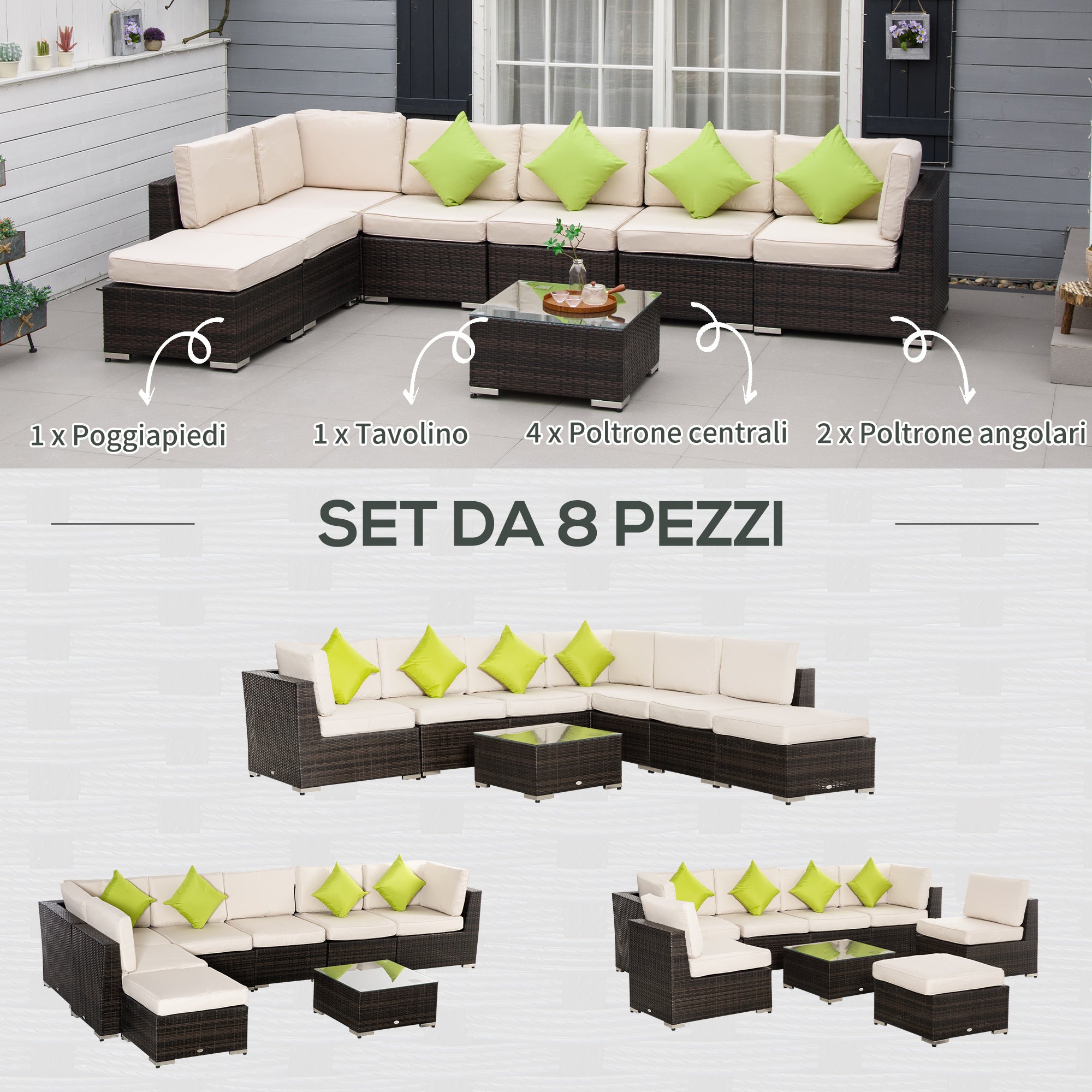 8-Piece Rattan and Aluminum Garden Furniture Set, Modular Garden Lounge Set with Sofas and Outdoor Coffee Table