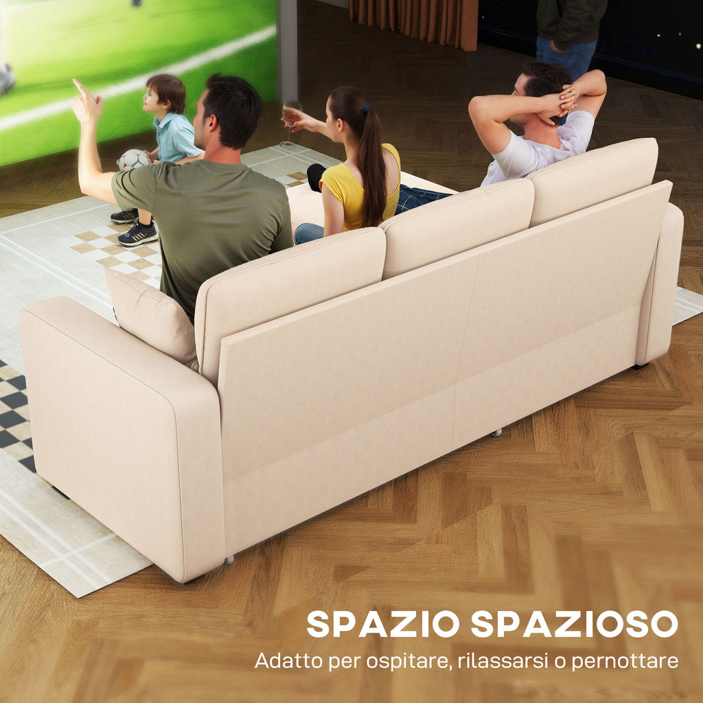 Corner Sofa Bed with Storage, Corduroy Upholstery and 2 Cushions, 205x135x76 cm, Beige