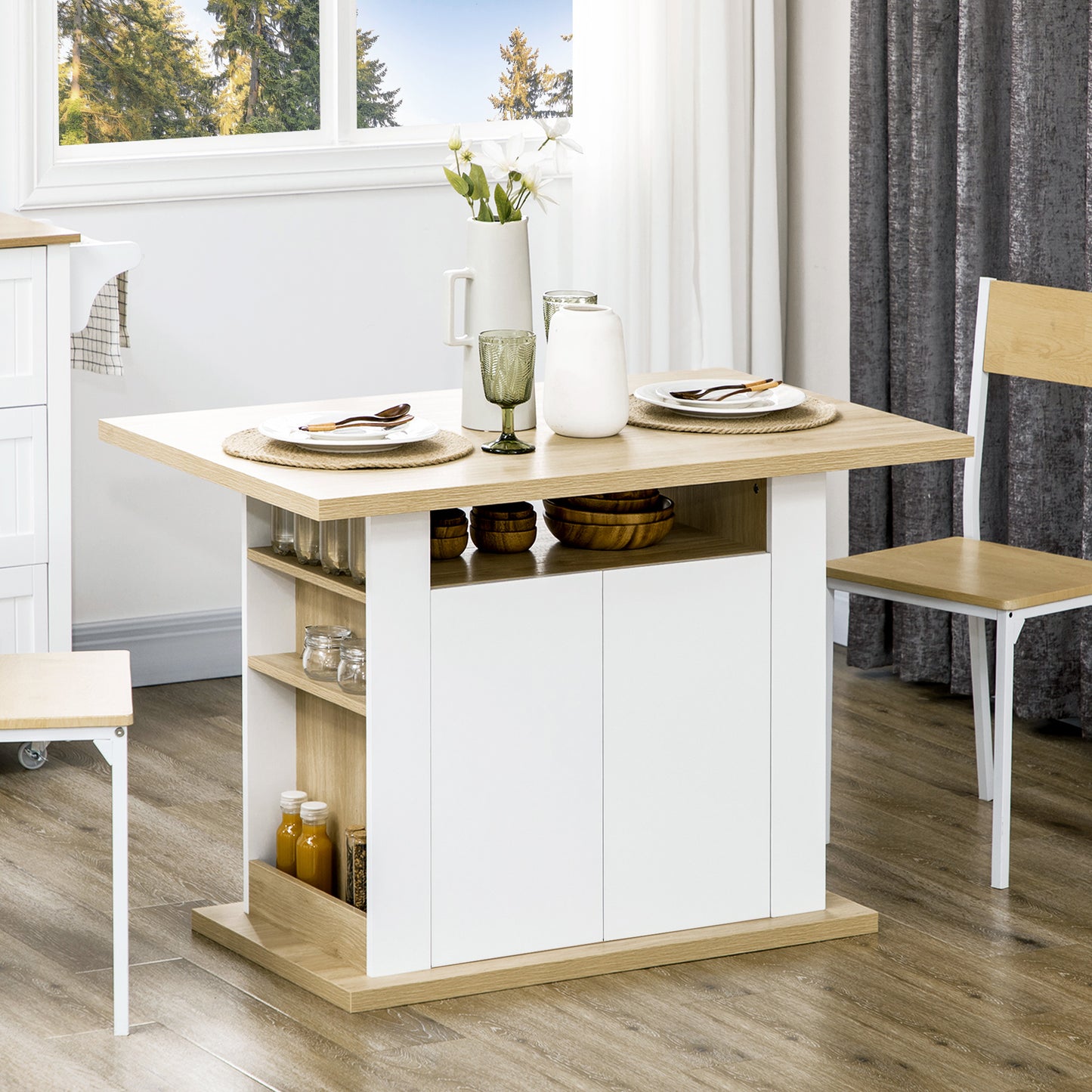 Kitchen Island 4-6 People with Cabinets and Open Shelves, in Chipboard, 110x70x75.5 cm, White and Wood color - Borgè