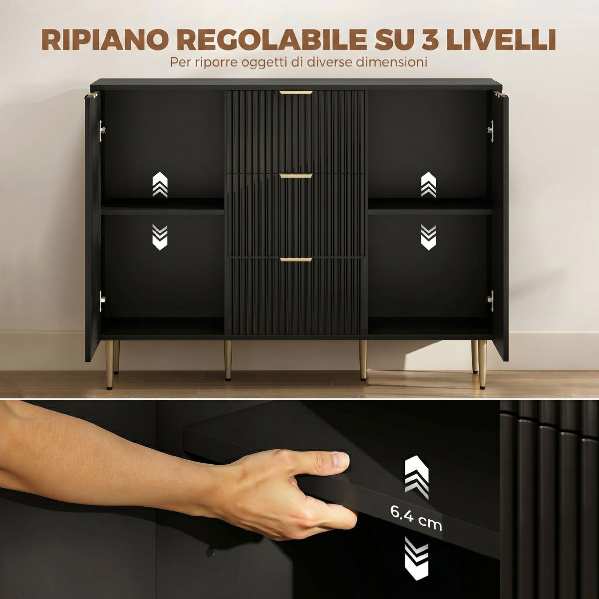 HOMCOM Modern Sideboard with 3 Drawers, 2 Cabinets and Adjustable Shelves, Wood and Metal, Black