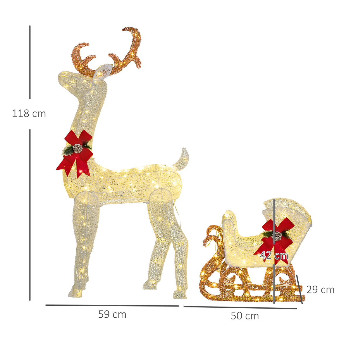 Outsunny 170 LED Lighted Christmas Reindeer Sleigh Ornament, White and Red, Christmas Decoration for Home and Garden