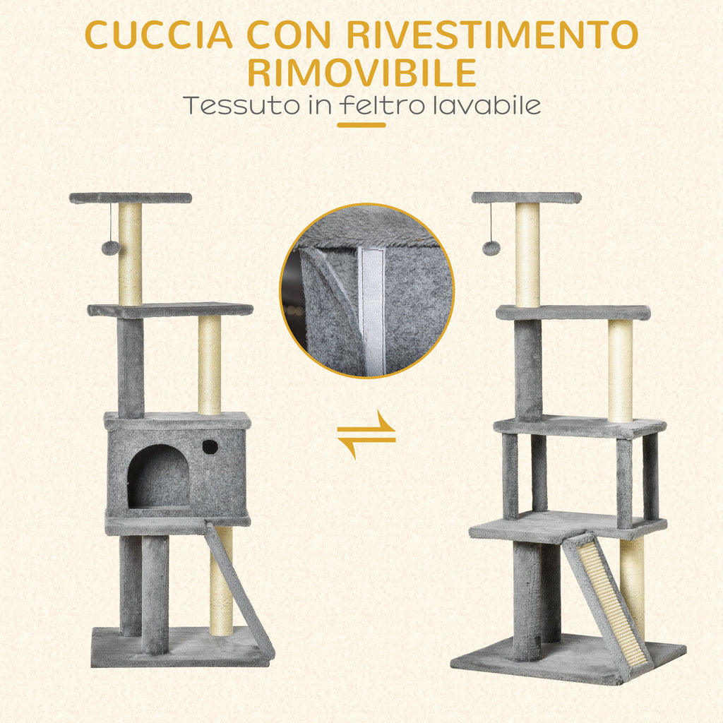 Multi-Level Cat Tree with House, Ladder, Ball and Sisal Posts, 48x48x125 cm, Grey