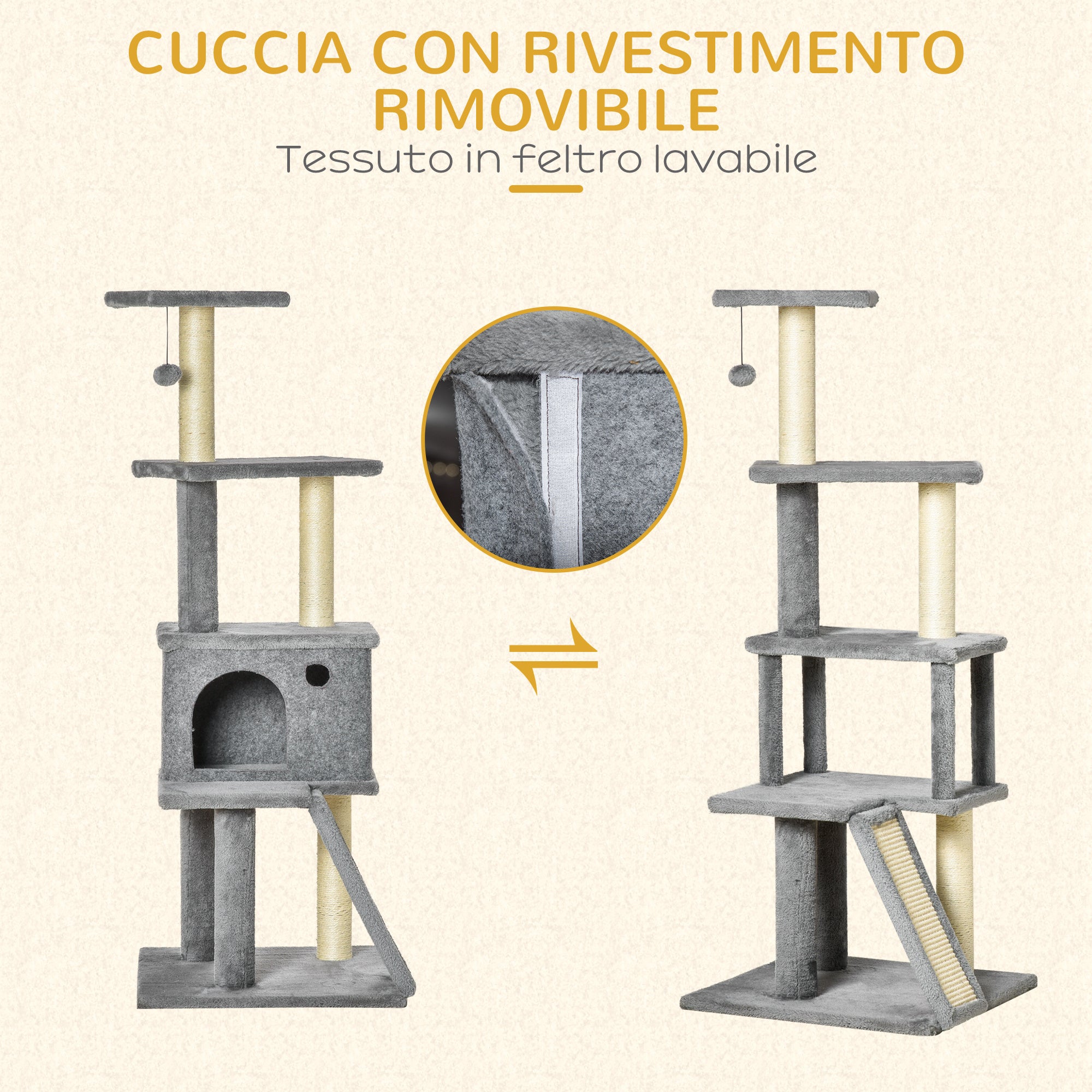 Multi-Level Cat Tree with House, Ladder, Ball and Sisal Posts, 48x48x125 cm, Grey