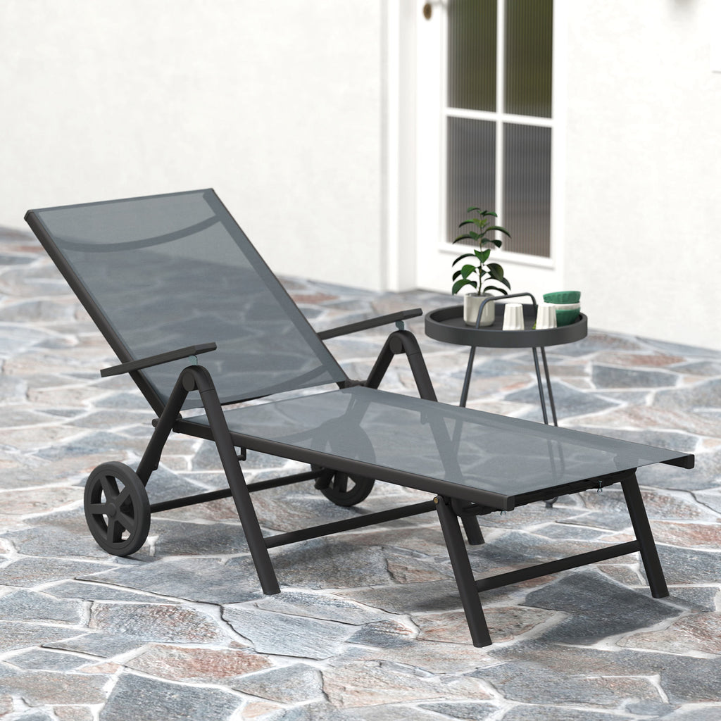 Folding and Reclining Deckchair in 5 Positions with Wheels, in Metal and Textilene, 72x158x84 cm, Gray