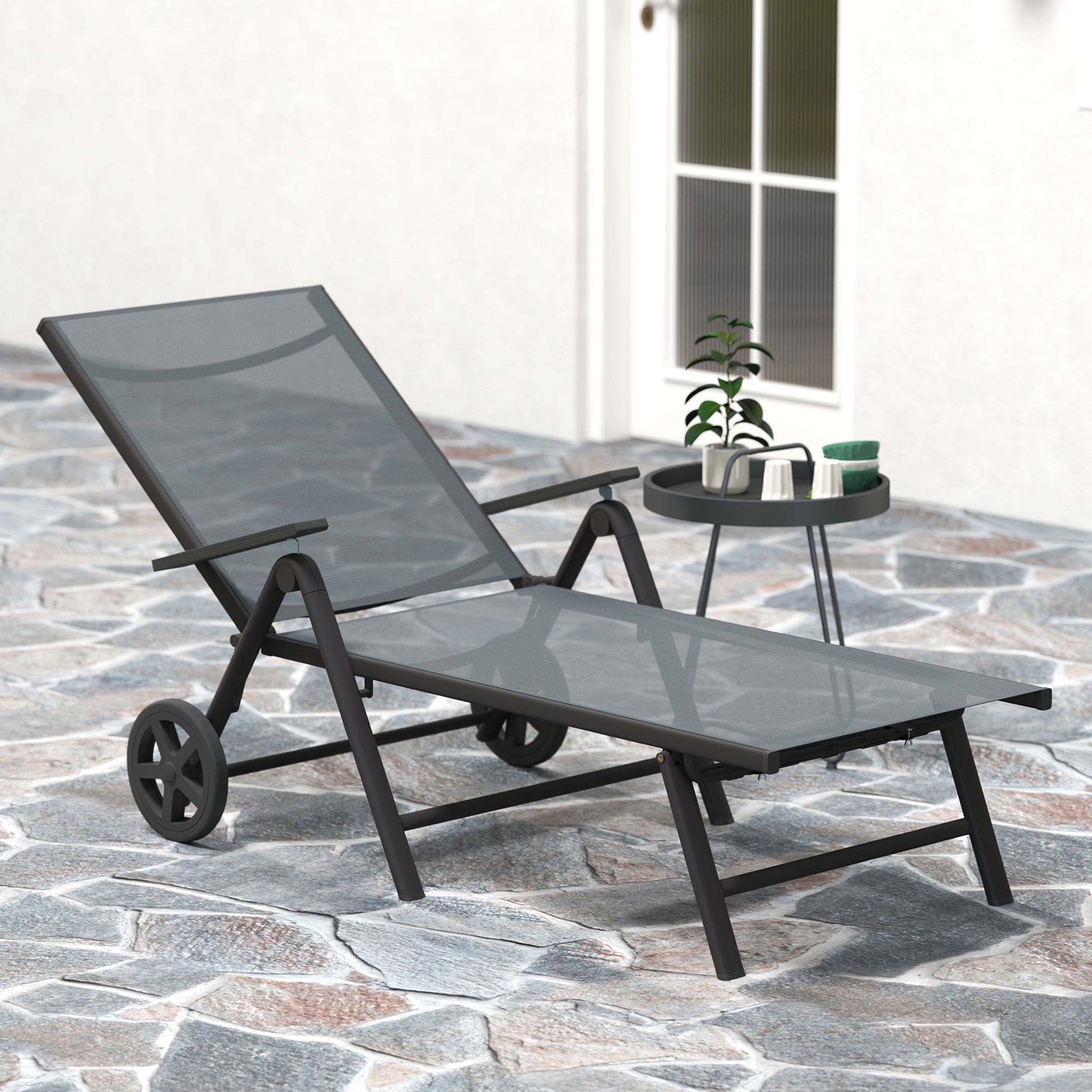 Folding and Reclining Deckchair in 5 Positions with Wheels, in Metal and Textilene, 72x158x84 cm, Gray