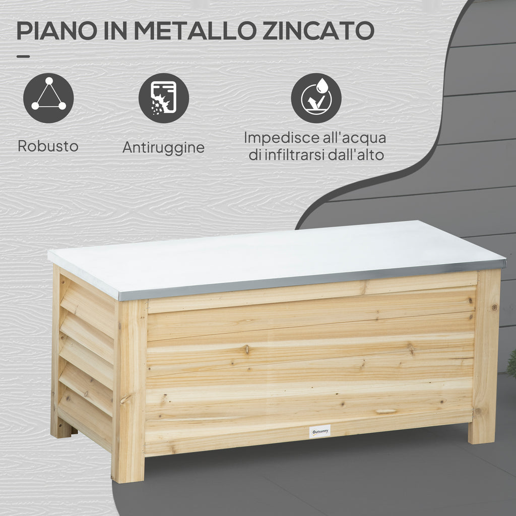 Outsunny 155L Outdoor Wooden Storage Chest with Metal Lid and 2 Shock Absorbers, 110x50x50 cm, Wood Color