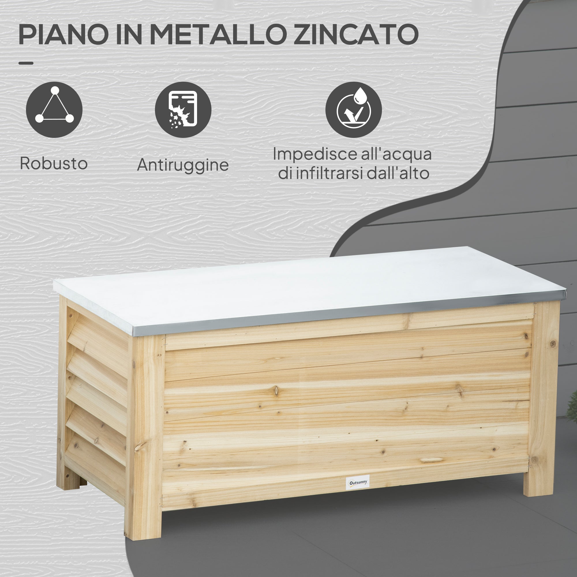 Outsunny 155L Outdoor Wooden Storage Chest with Metal Lid and 2 Shock Absorbers, 110x50x50 cm, Wood Color