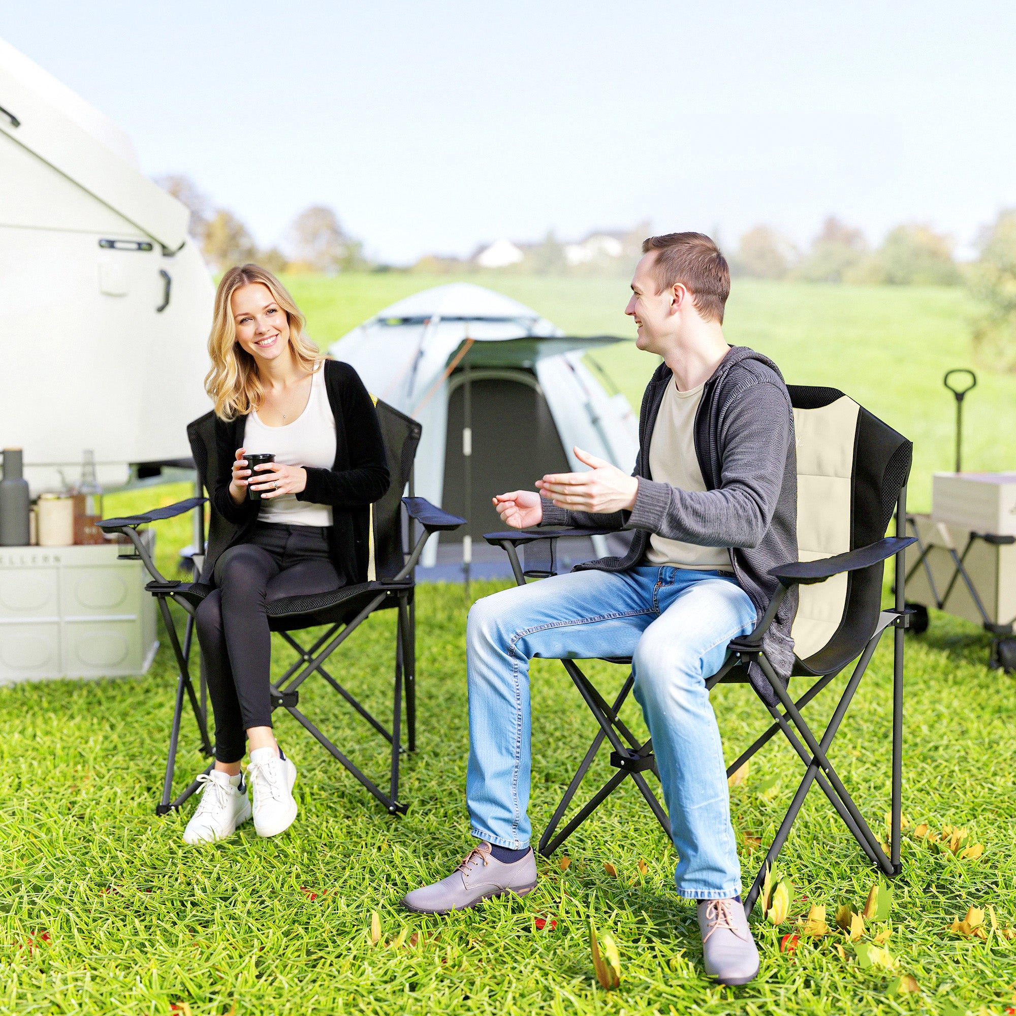 Set of 2 Folding Camping Chairs with High Backrest, Cup Holder and Carry Bags, Cream