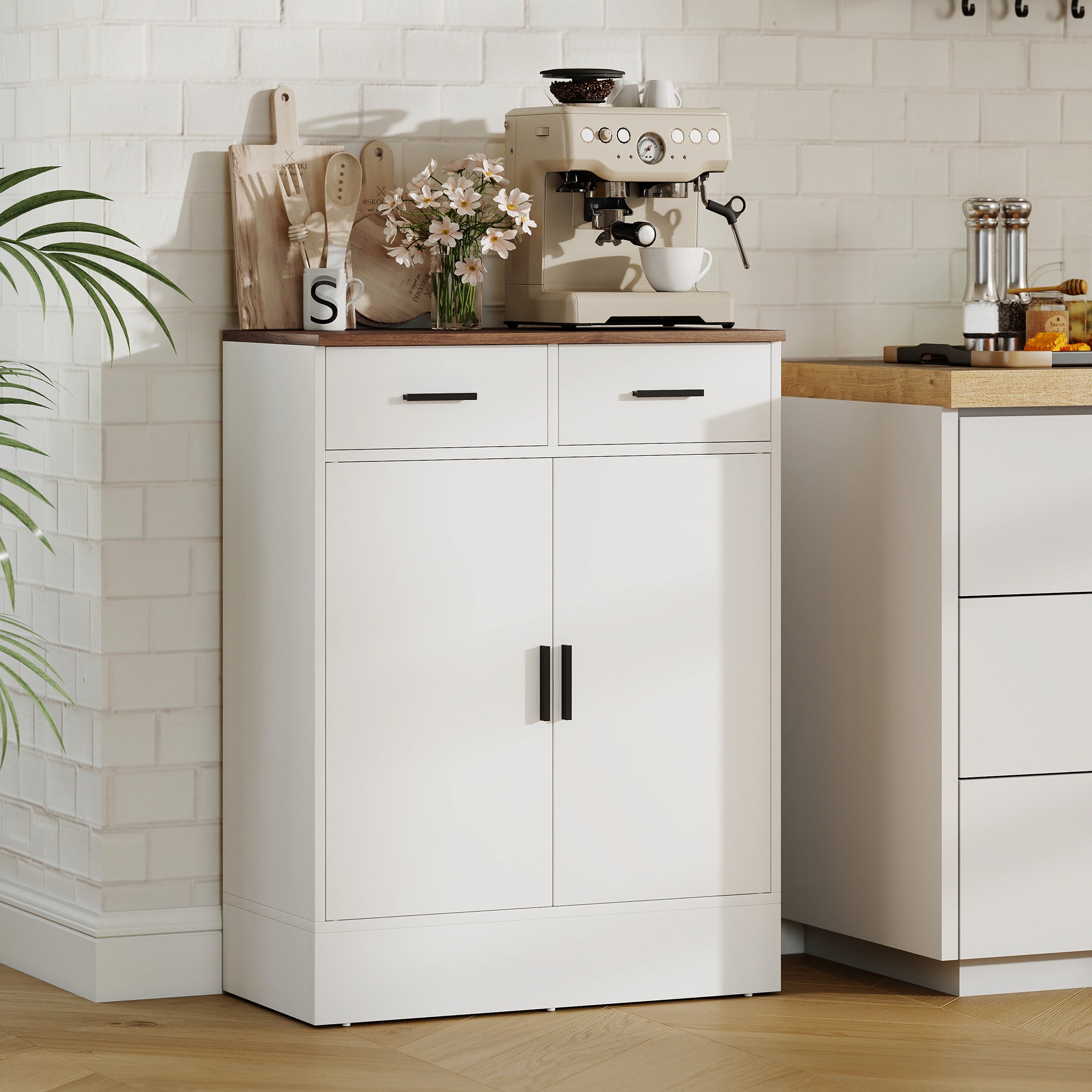 Modern Sideboard with 2 Drawers and 2 Doors, Adjustable Internal Shelf, White and Wood