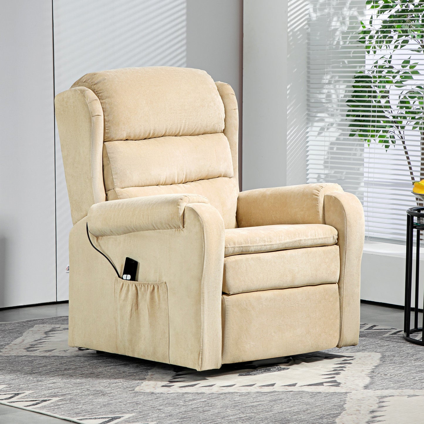 Lifting Armchair 160° Reclining  with Footrest and Remote Control, in Velvet, 85x88x109 cm, Cream