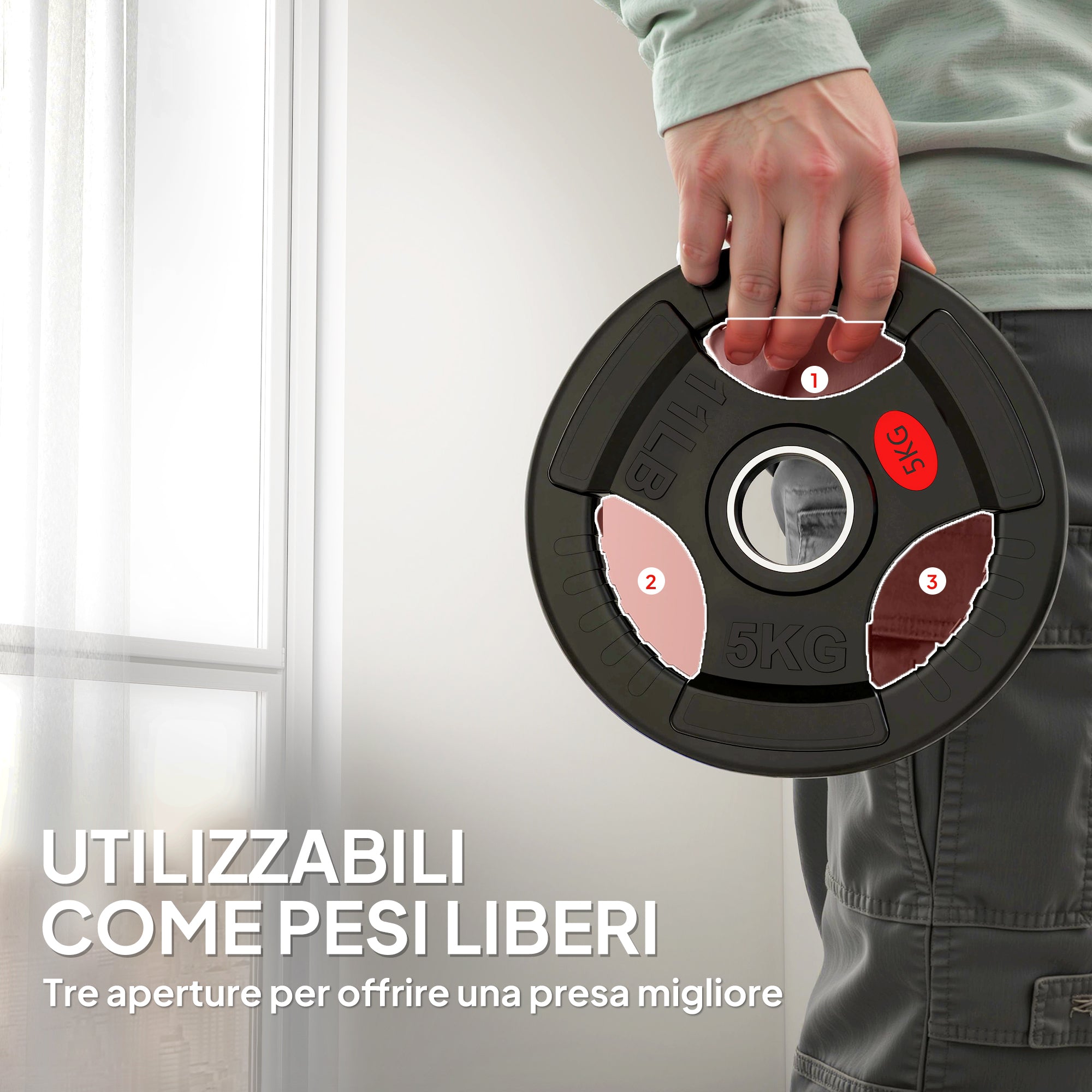 SPORTNOW 2x5 kg Weight Plate Set with 5 cm Hole and 3 Handles, Steel with Plastic Coating, Black