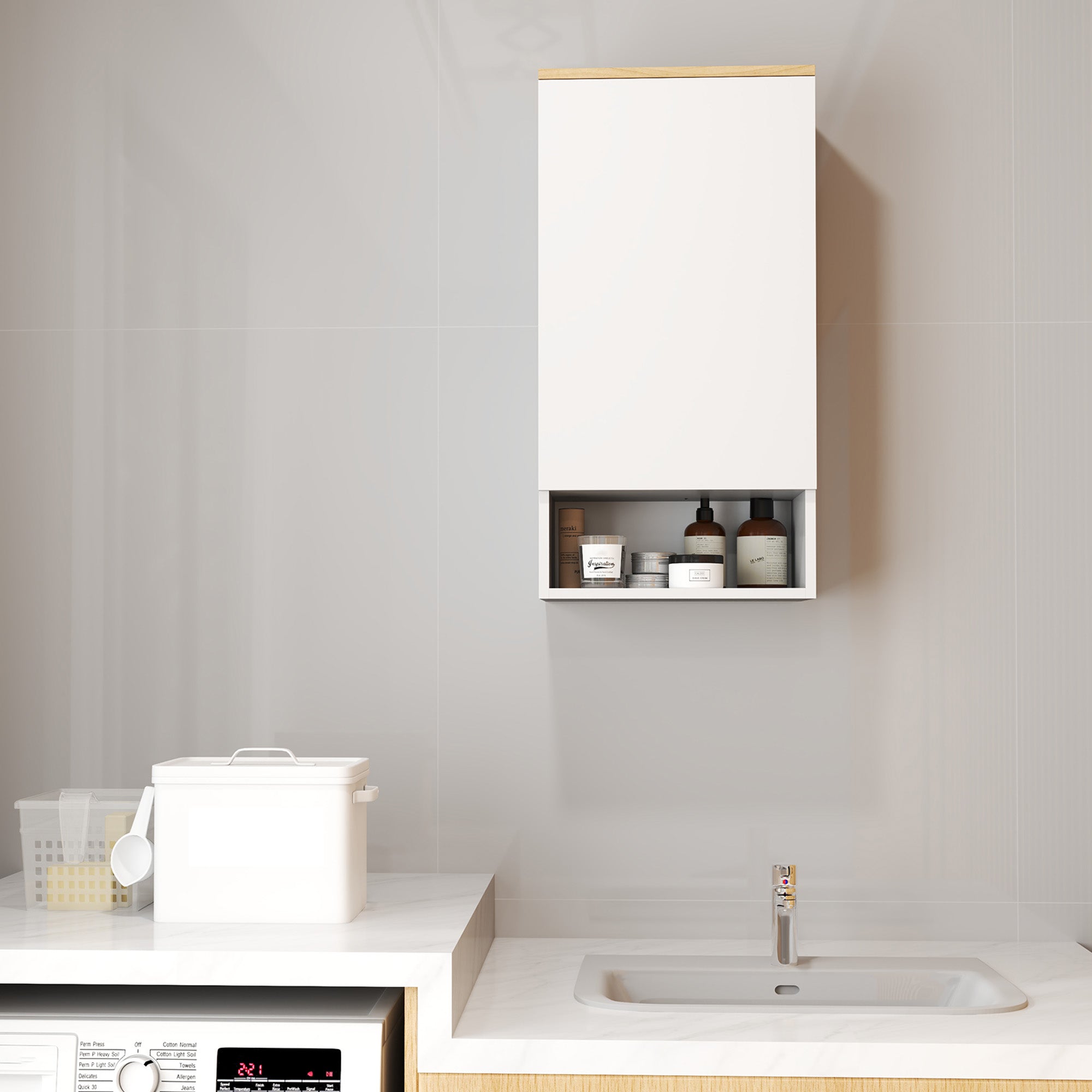 Wall Mounted Bathroom Cabinet with Adjustable Shelves and Open Shelf in Wood and MDF, 40x27x77 cm, White