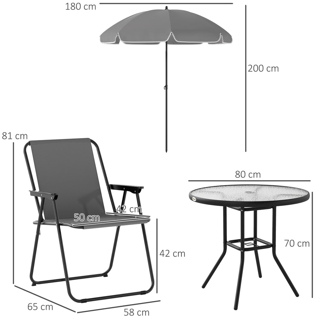 6 Piece Steel Garden Set with 4 Folding Chairs, Umbrella and Round Table, Grey and Black