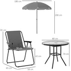 6 Piece Steel Garden Set with 4 Folding Chairs, Umbrella and Round Table, Grey and Black