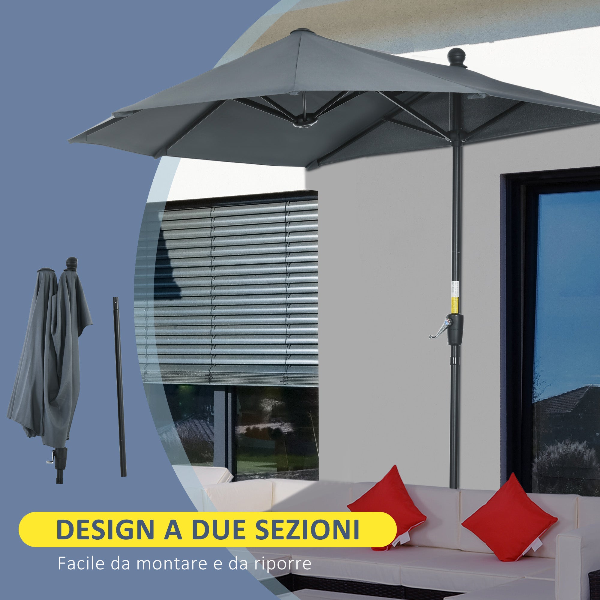 Semicircular Umbrella with Crank and Anti-UV Canopy, 200x190x240 cm, Gray