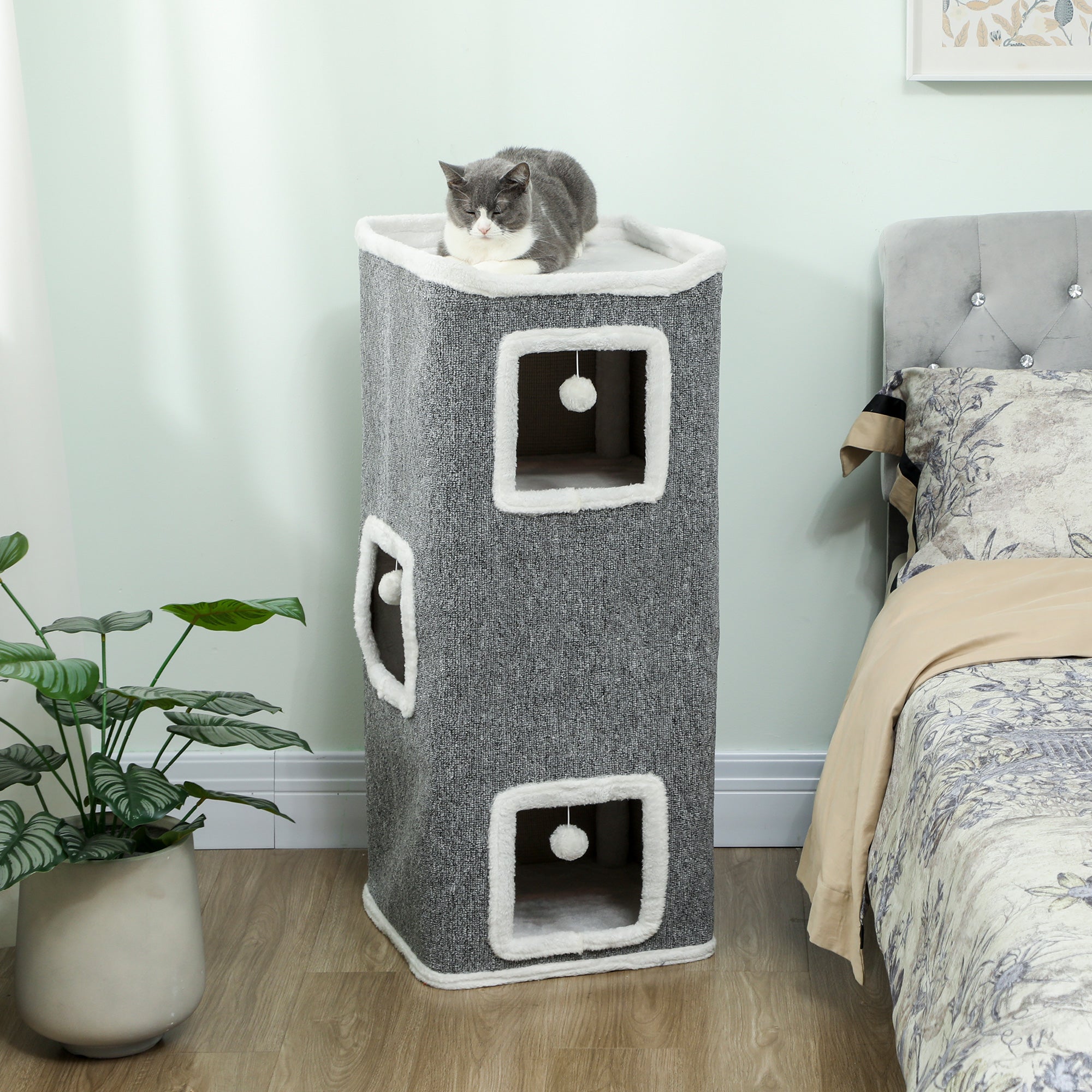 Tower with 3 Houses, 3 Balls and Perch, Made of Wood, Fabric and Plush, 41x41x100 cm, Grey and White