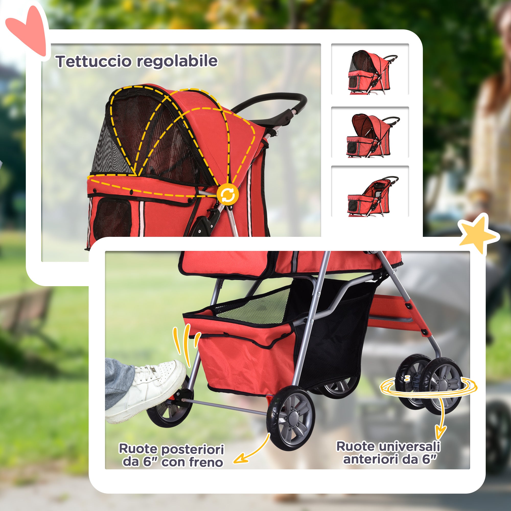 Folding Fabric Dog Stroller with Basket and Cup Holder, 75x45x97cm - Red