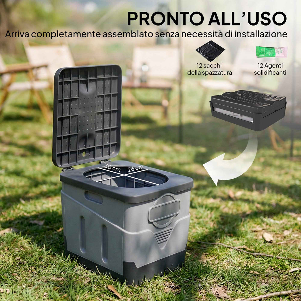 Outsunny Portable Camping Toilet with 12 Clotting Packets and 12 Disposal Bags, 34x29x20 cm, Dark Grey