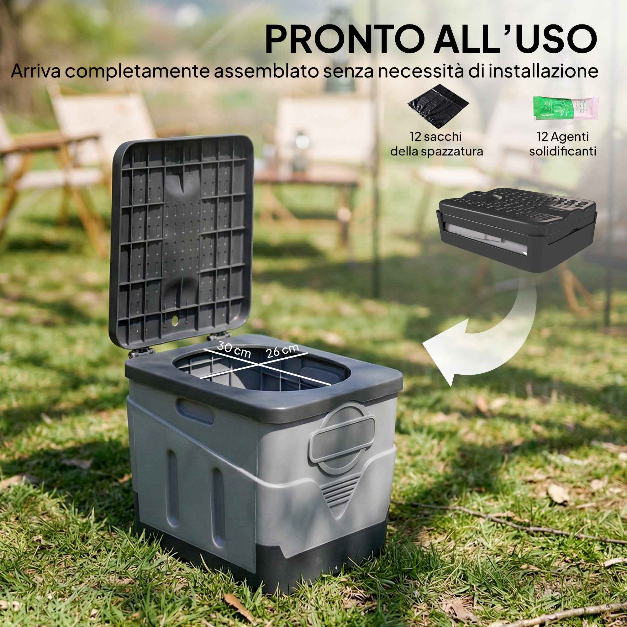 Outsunny Portable Camping Toilet with 12 Clotting Packets and 12 Disposal Bags, 34x29x20 cm, Dark Grey