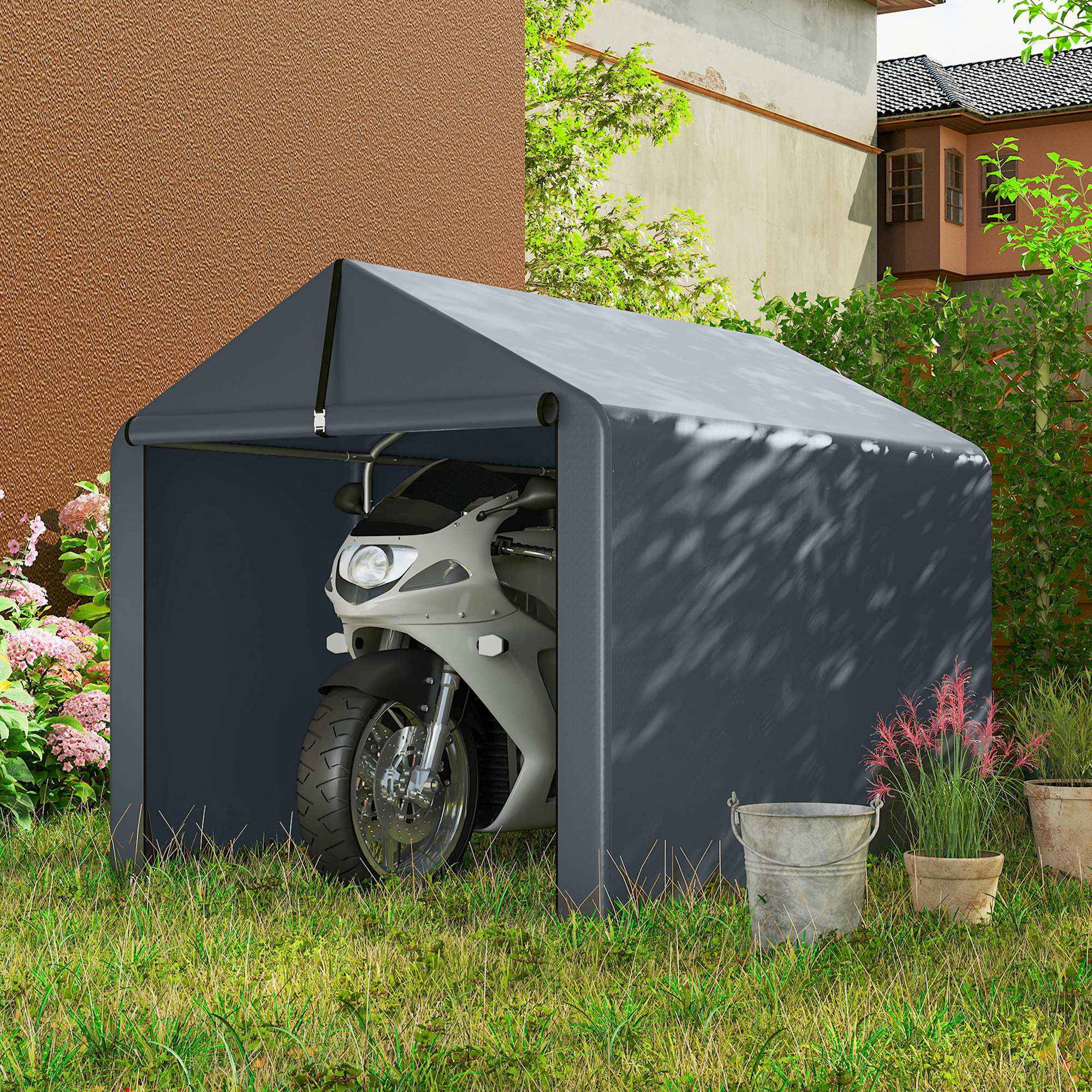 Outsunny Garage Tent with Reinforced Waterproof Cover and Zip Entrance, Galvanized Steel, 162x221.5x163 cm, Grey