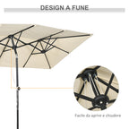 Double Tilting and Adjustable Umbrella with Cord, in Polyester and Metal, 150x295x170-214 cm, Cream
