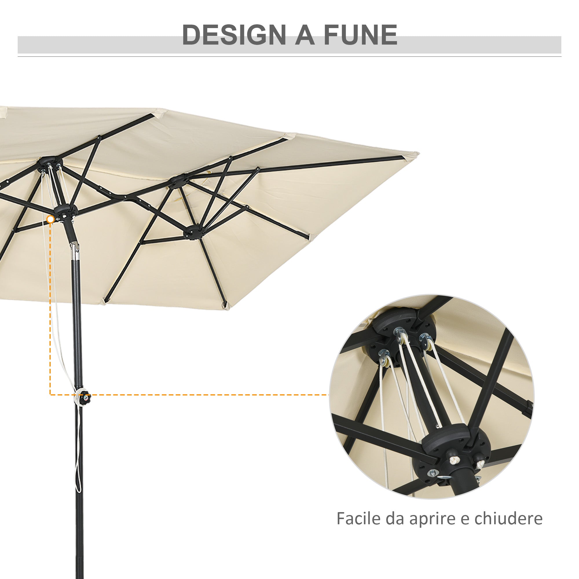 Double Tilting and Adjustable Umbrella with Cord, in Polyester and Metal, 150x295x170-214 cm, Cream