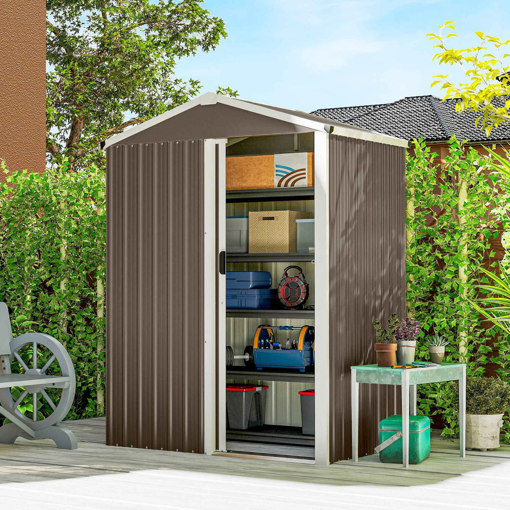 Outsunny 1.1m² Steel Garden Shed with Lockable Sliding Door, 136x87x179cm, Brown