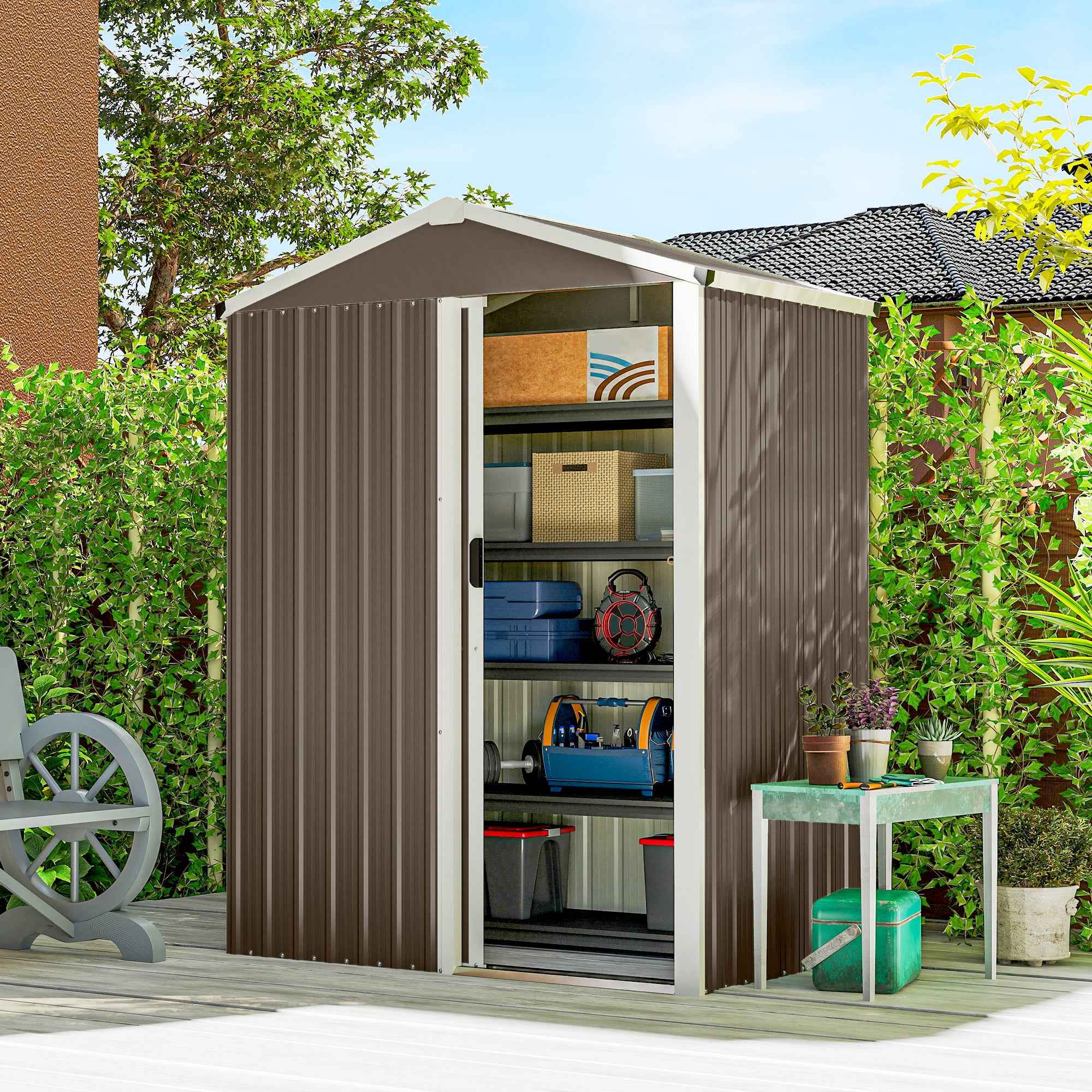 Outsunny 1.1m² Steel Garden Shed with Lockable Sliding Door, 136x87x179cm, Brown
