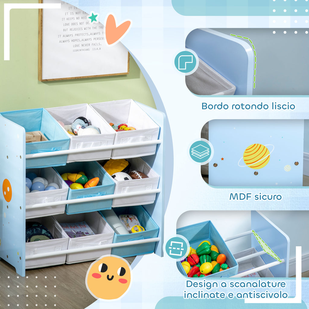 Toy Cabinet with 9 Removable Baskets in MDF and Fabric, 63x30x60cm, Blue