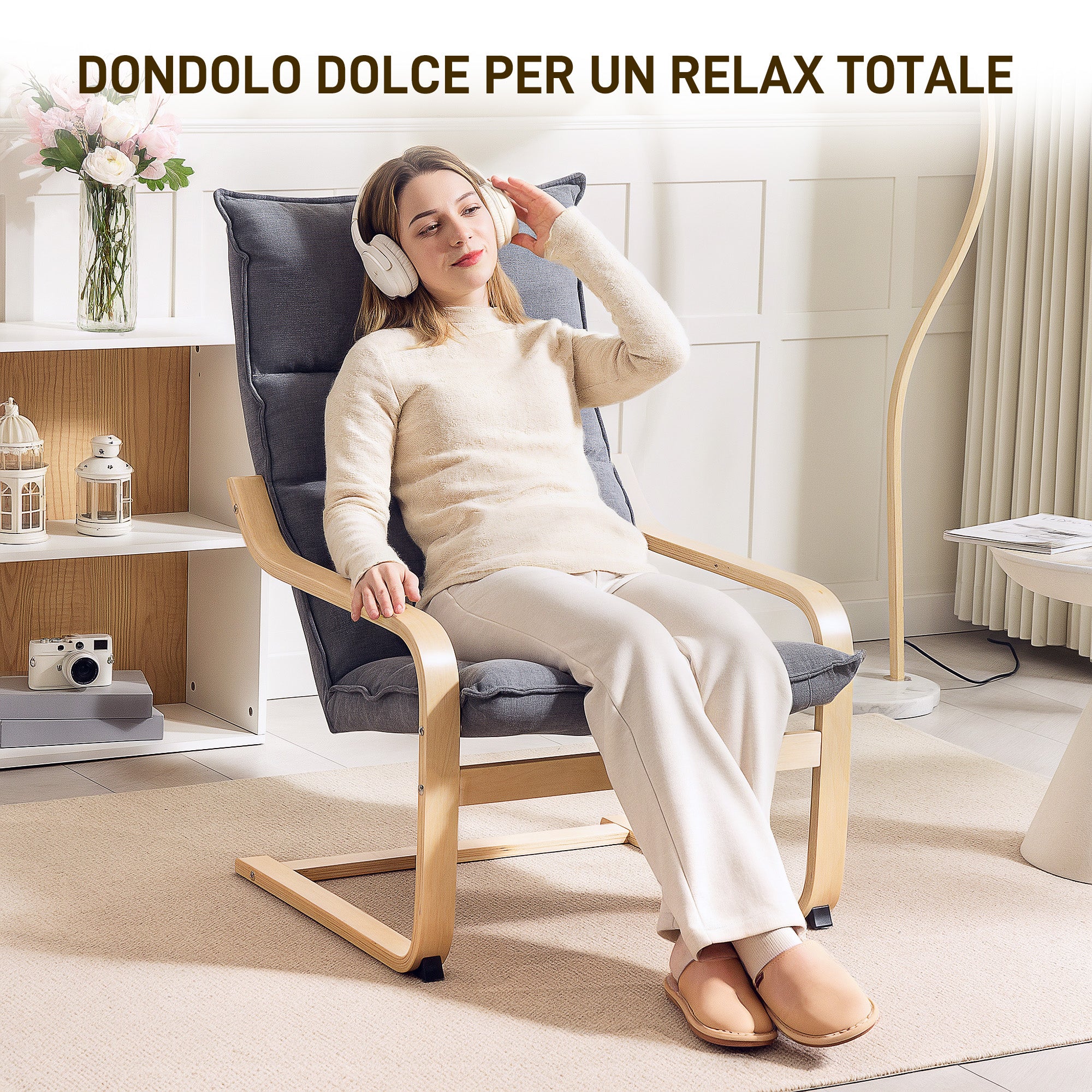 Modern Rocking Chair with Wooden Armrests and Thick Velvet Cushions, 67x83x105 cm, Grey