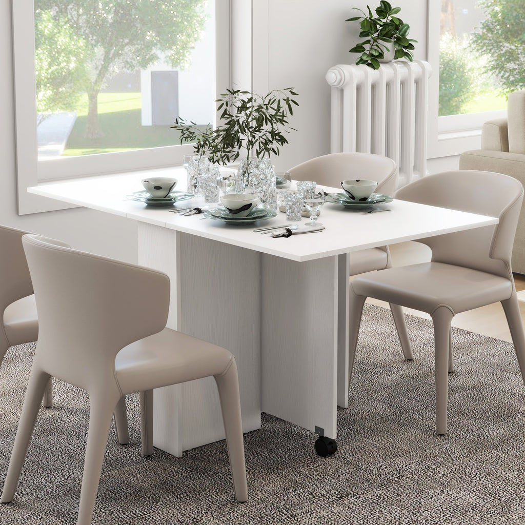 Space-Saving Folding Table with 2 Flaps for 6 People with Shelves and Wheels, White