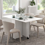 Space-Saving Folding Table with 2 Flaps for 6 People with Shelves and Wheels, White
