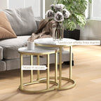 Set of 2 Coffee Tables with Marble Effect Top, in Wood and Steel, Ø50x50.5 cm and 60x36x43.5 cm, White