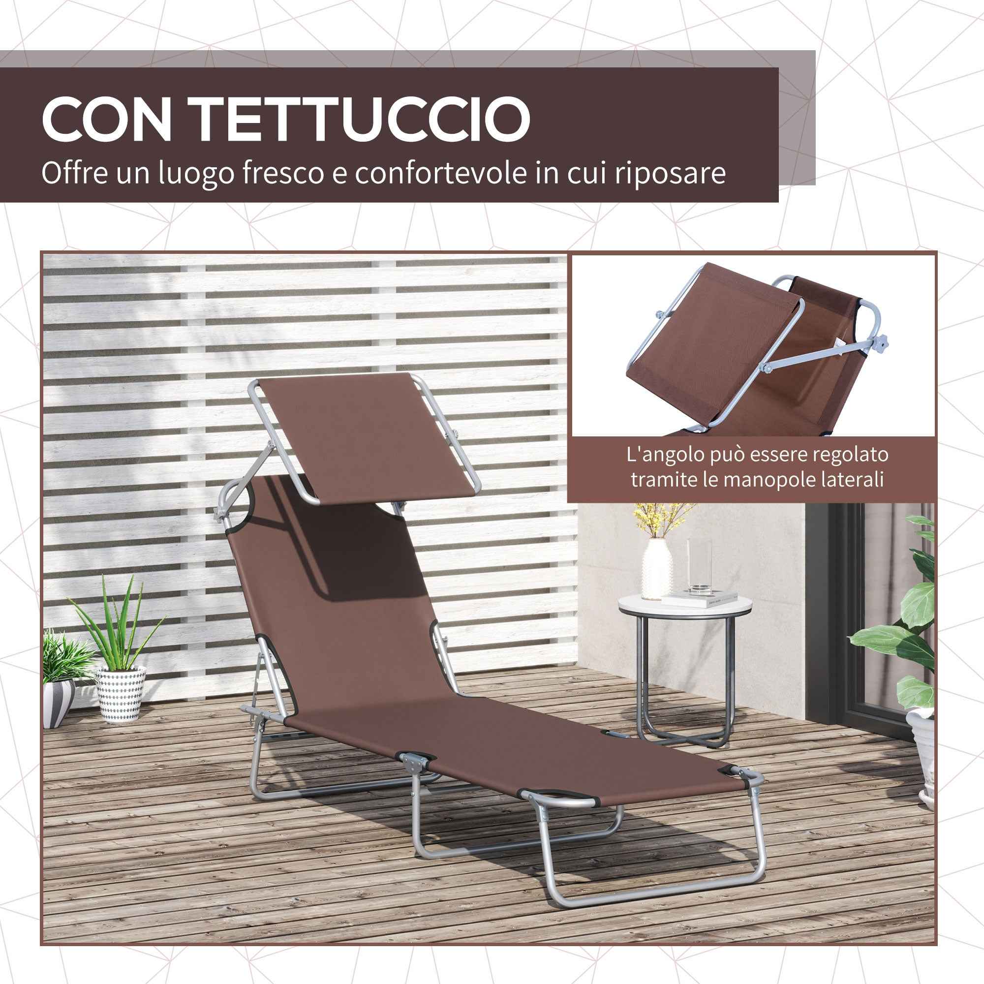 Outsunny Outdoor Lounger, Folding and Adjustable Outdoor Deck Chair with Brown Fabric Canopy, 187x58x36cm