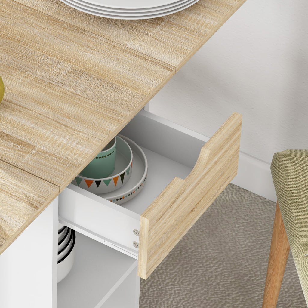 HOMCOM Folding Dining Table with Drawer and Shelves, Space-Saving Table with Flip-Up Flaps for Kitchen, Dining Room, Living Room, Oak