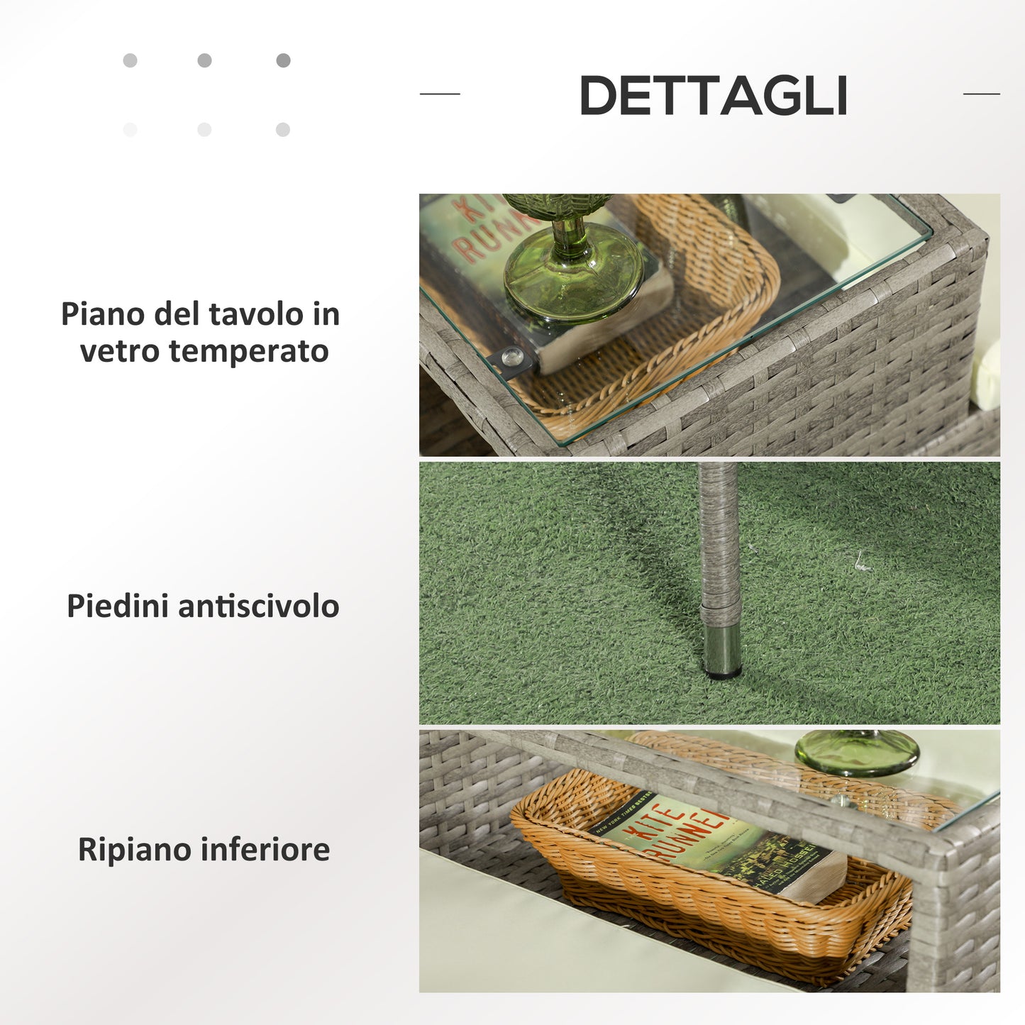 2-Seater Outdoor Sofa with Coffee Table, in Steel and PE Rattan, 137x59x82 cm, Gray and Cream - Borgè