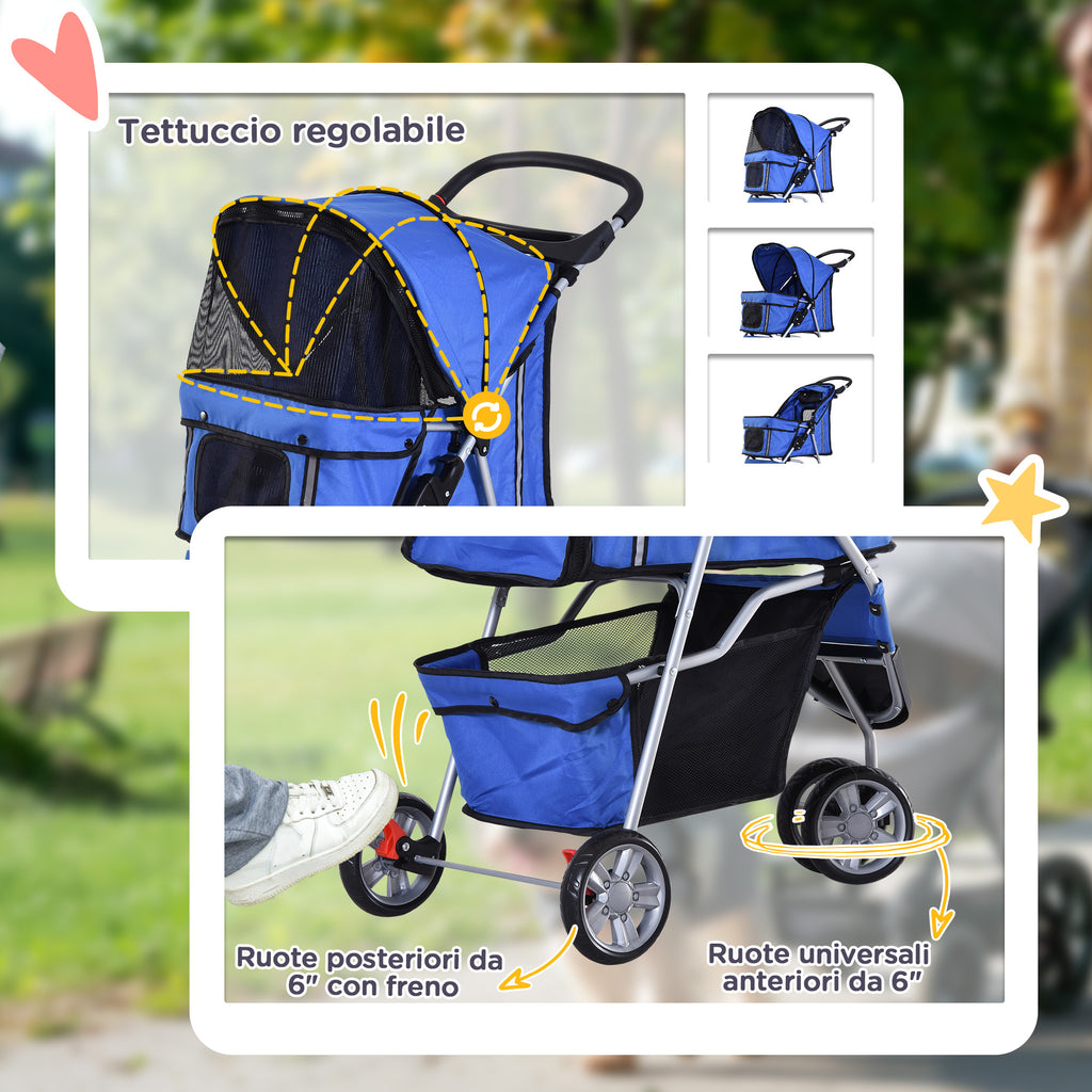Folding Dog Stroller for Small Dogs, Dog Pushchair with Braked Wheels, Cup Holder, Storage Basket and Removable and Washable Padding, for Pets up to 10 kg, Blue