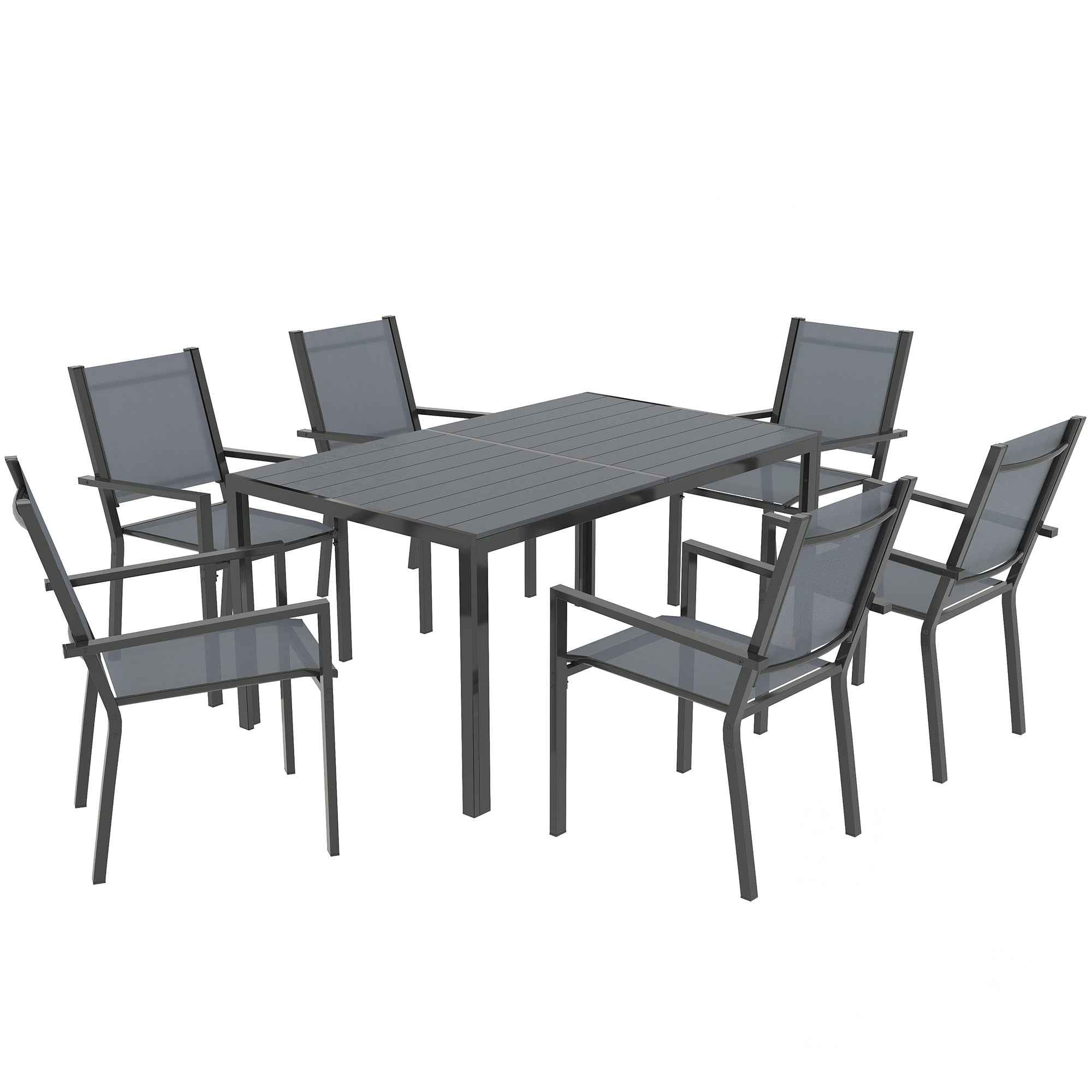 Outsunny 7-Piece Garden Set with Slatted Table and 6 Stackable Chairs, in Steel and Texteline, Grey