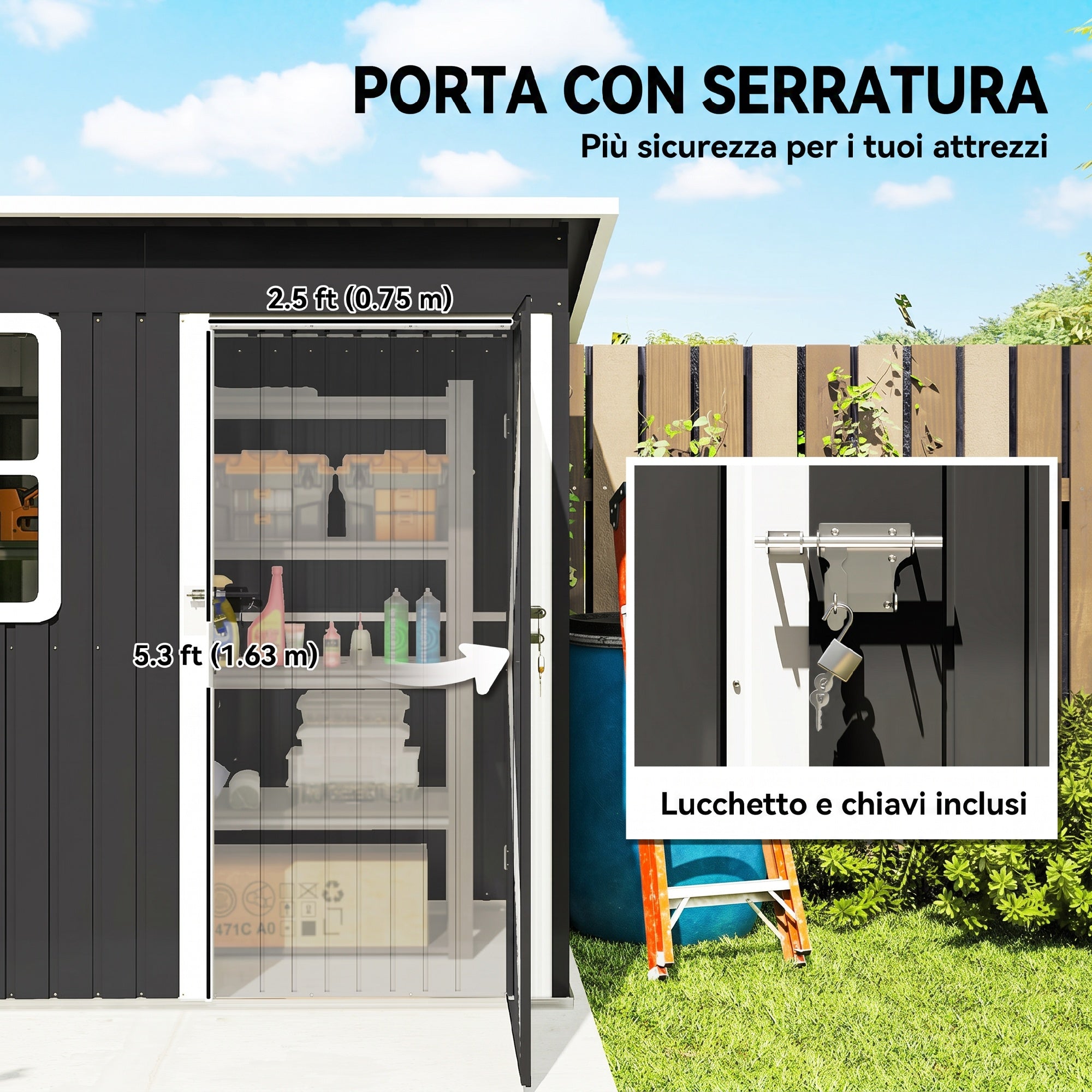 Outsunny 2.55m² Galvanized Steel Garden Shed with Foundation Kit, Pitched Roof Locking Door, Grey