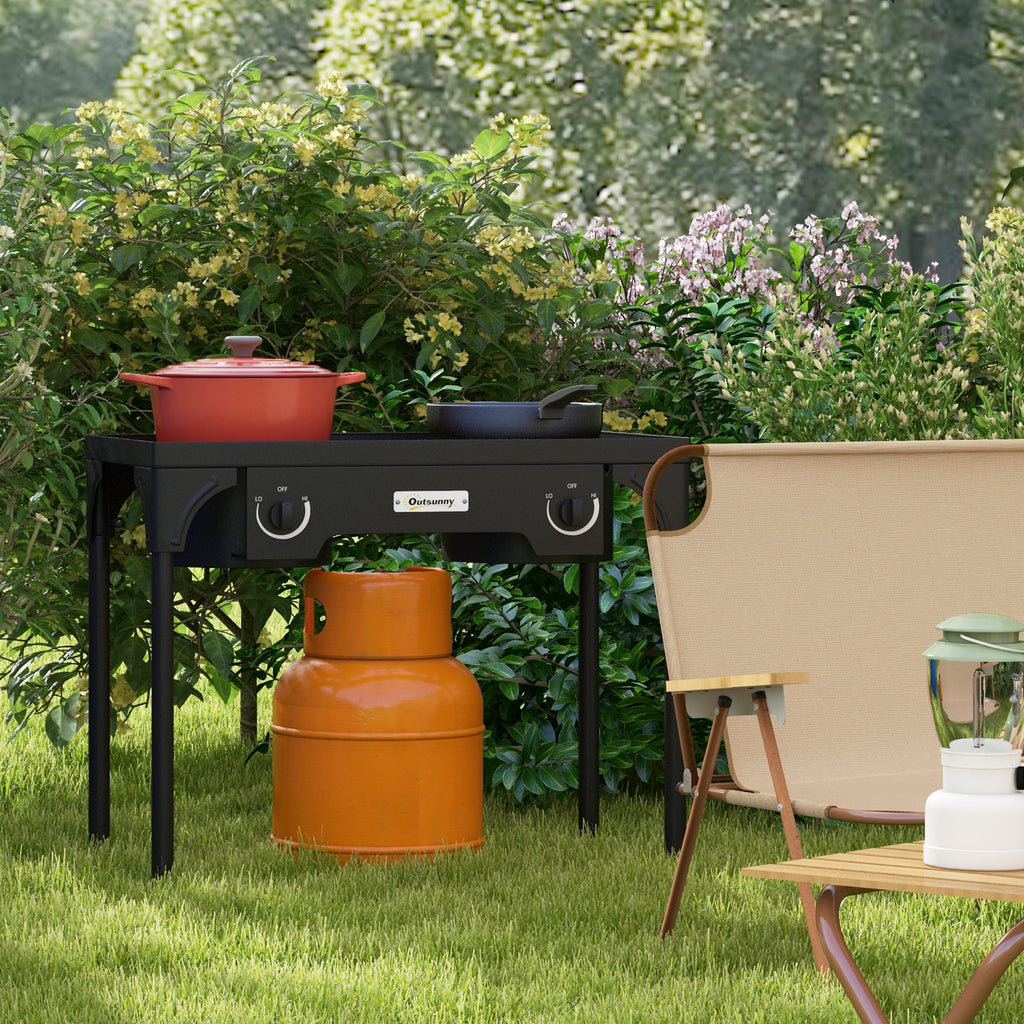 Outsunny camping gas stove with 2 150,000 BTU metal burners with removable legs, black - Borgè