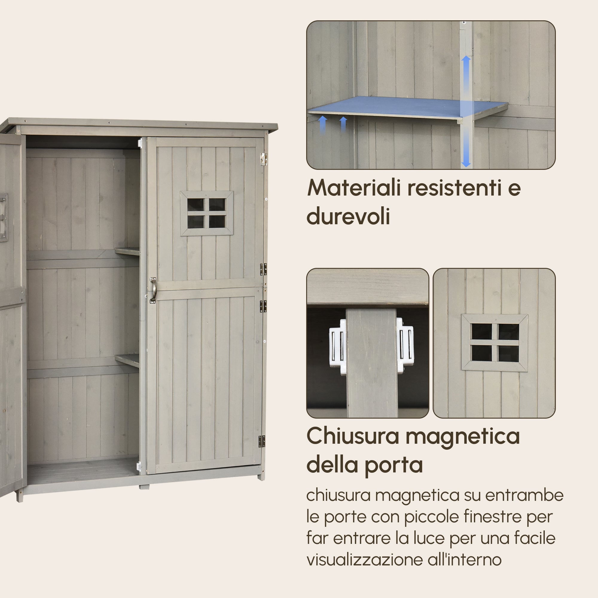 Wooden Garden Shed with Double Door, Shelves and Windows, 127.5x50x164cm
