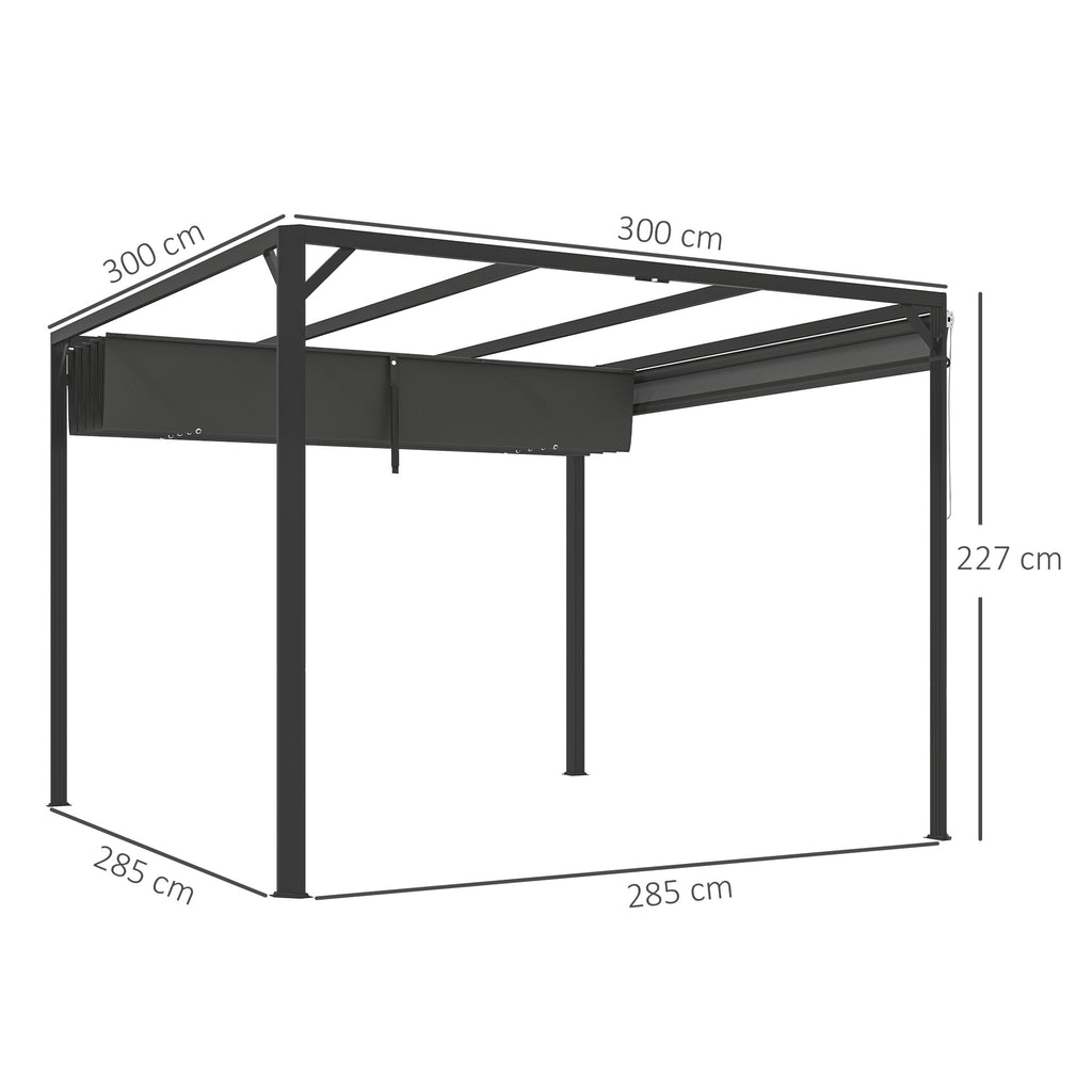 Gazebo Pergola Retractable 3x3 m with Roller Blind and Drainage Holes, in Steel and Polyester Dark Grey